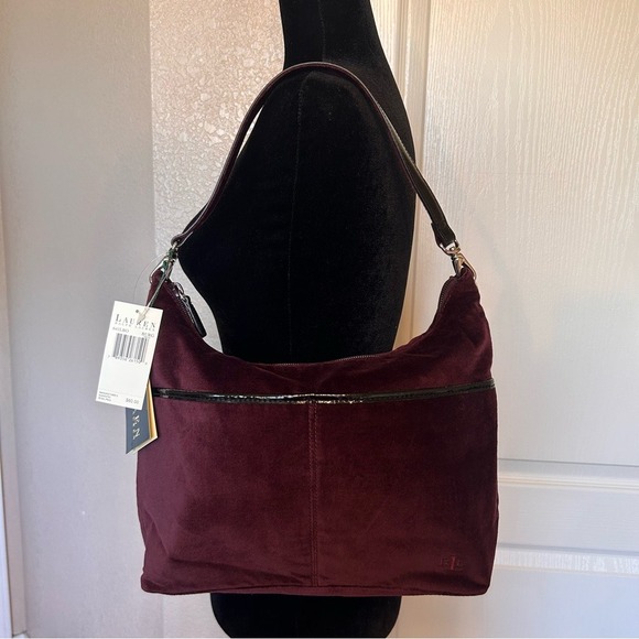 NWT Lauren Ralph Lauren Burgundy Velvet Hobo Bag Purse Handbag - Picture 3 of 7